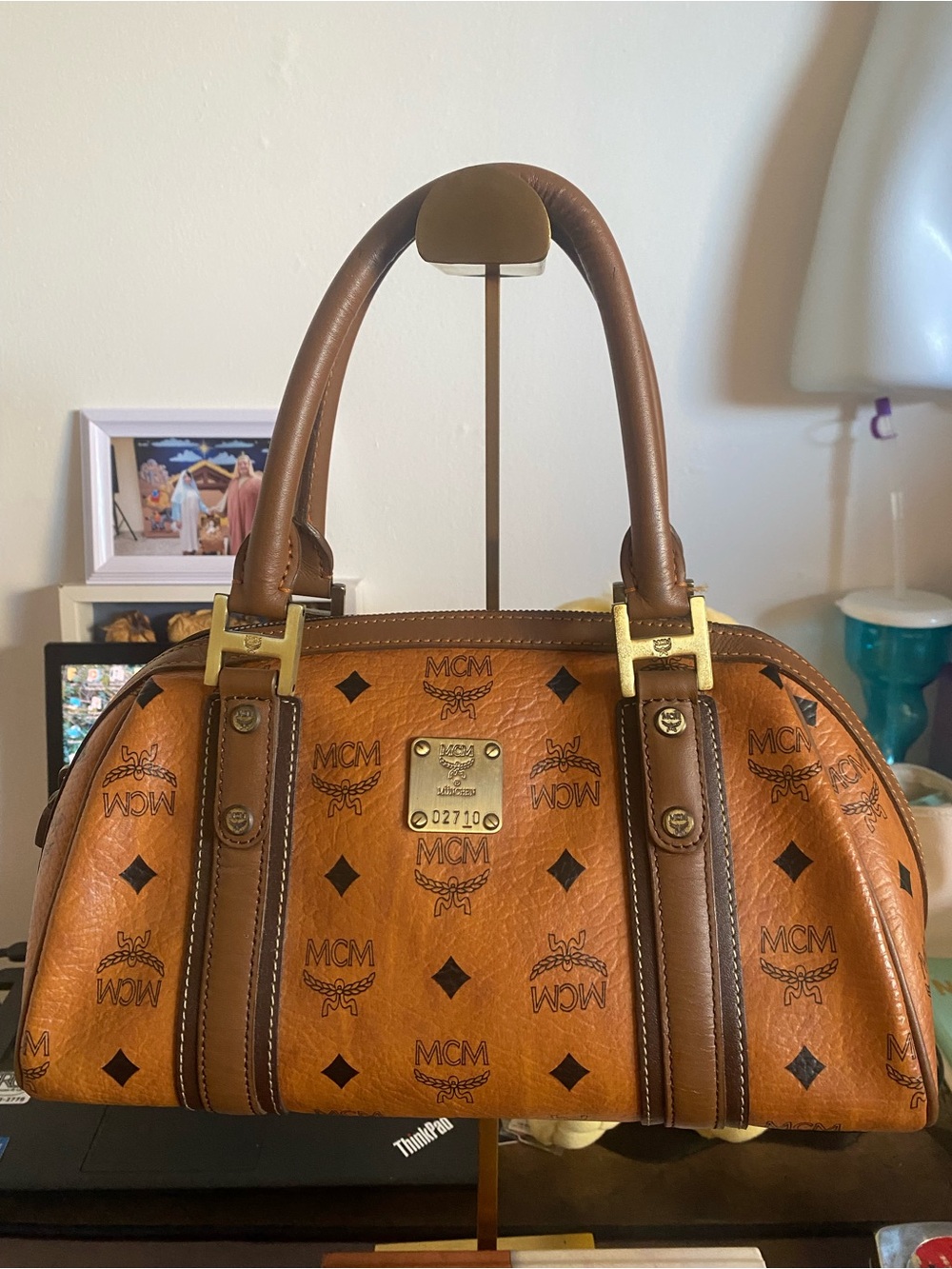 MCM Visetos Cognac and Dark Brown Logo Satchel